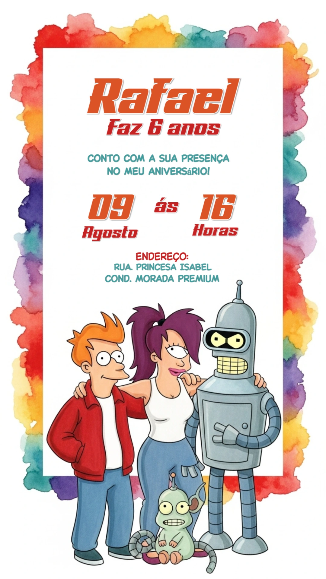 Convite de Aniversário Futurama com Personagens para Editar