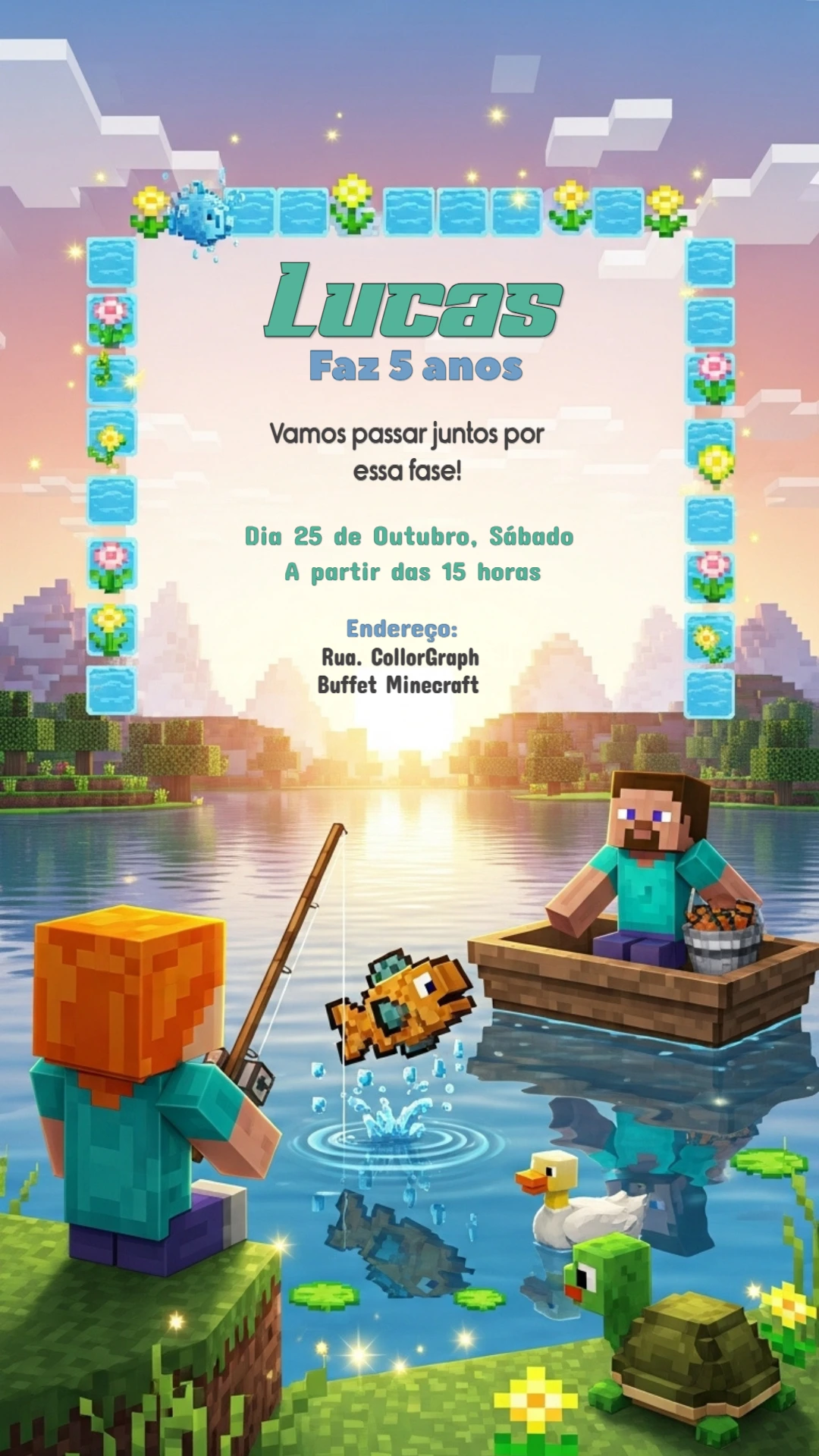 Convite Aniversário Minecraft com Personagens para Editar