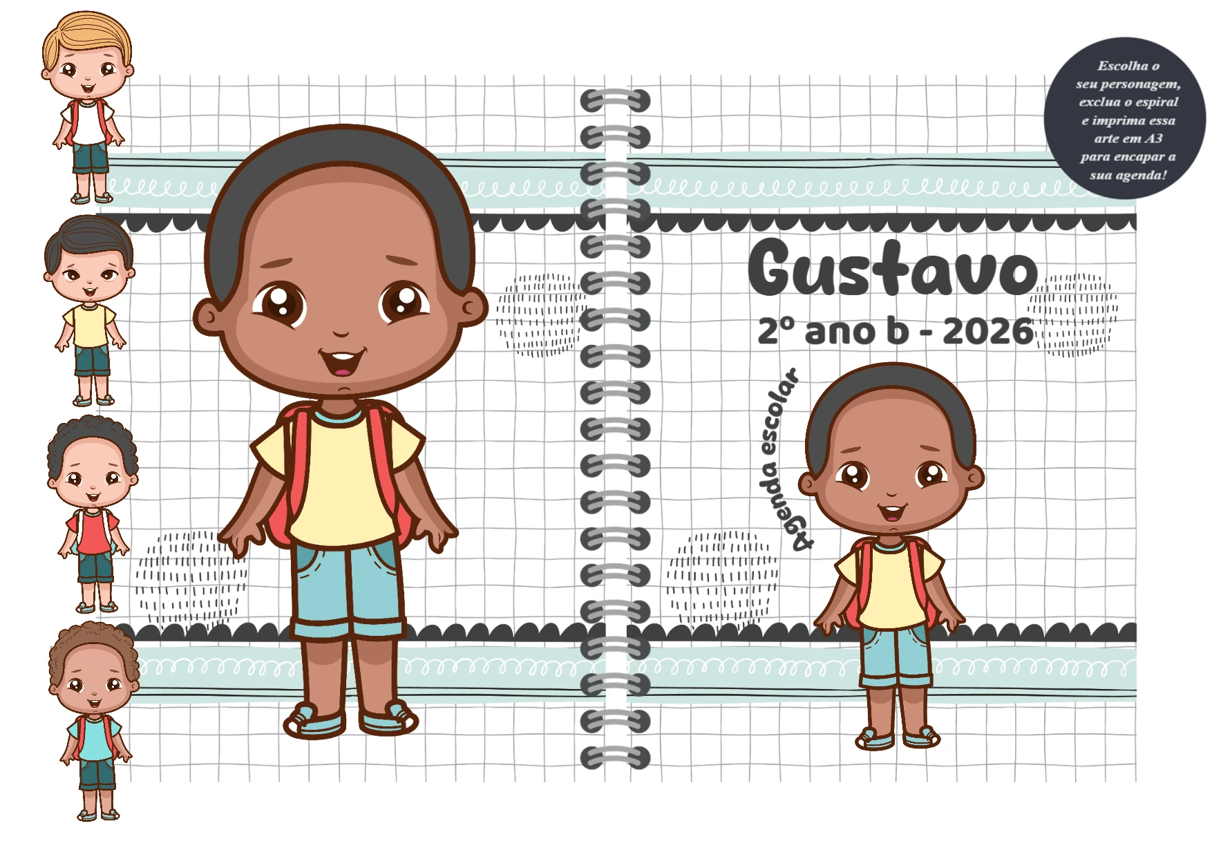Capa de Agenda Escolar Menino com Personagens para Editar
