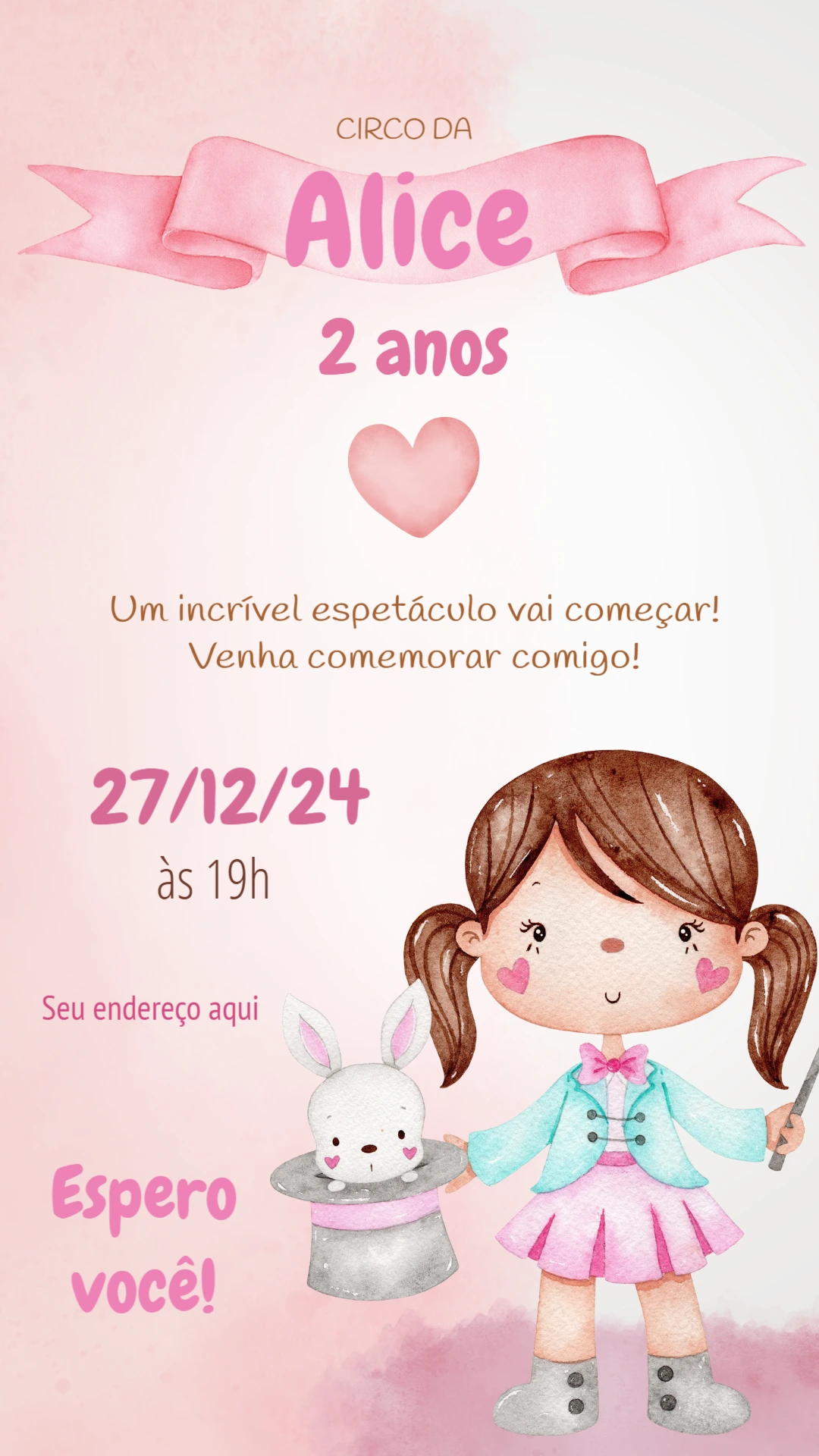 Convite de Aniversário Circo Rosa Menina para Editar Online