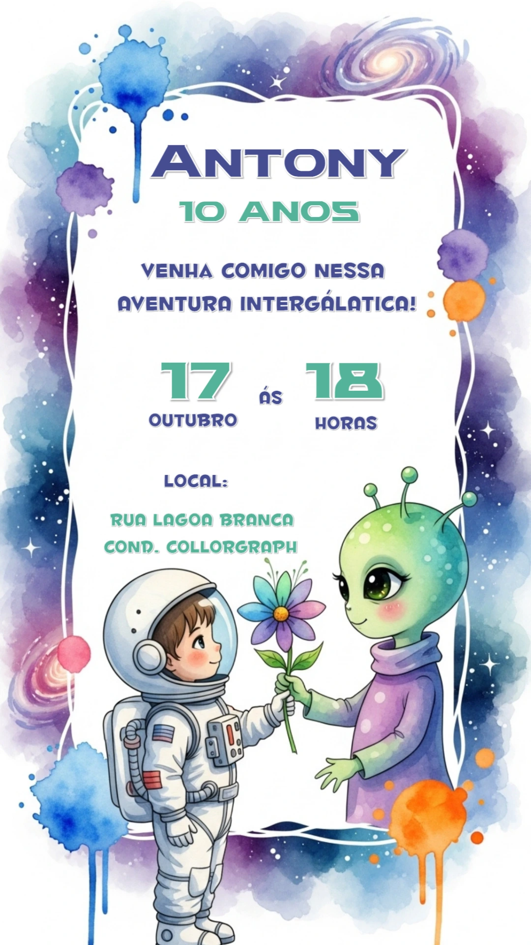Convite de Aniversário Astronauta e Alien para Editar Online