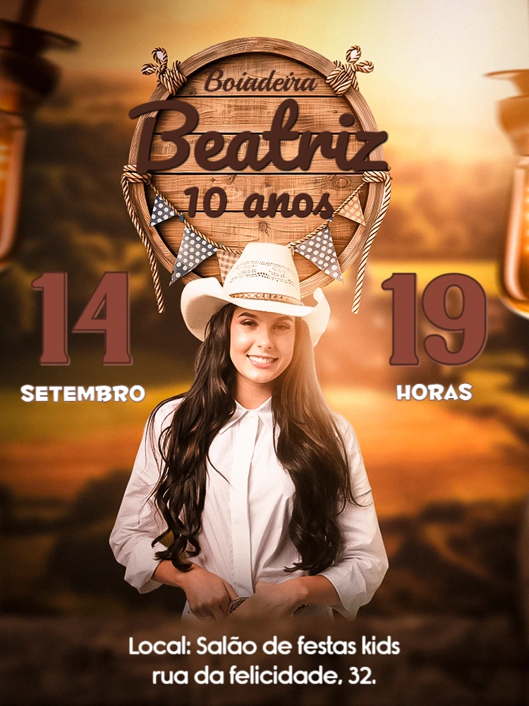Convite de Aniversário Boiadeira com Foto para Editar Online