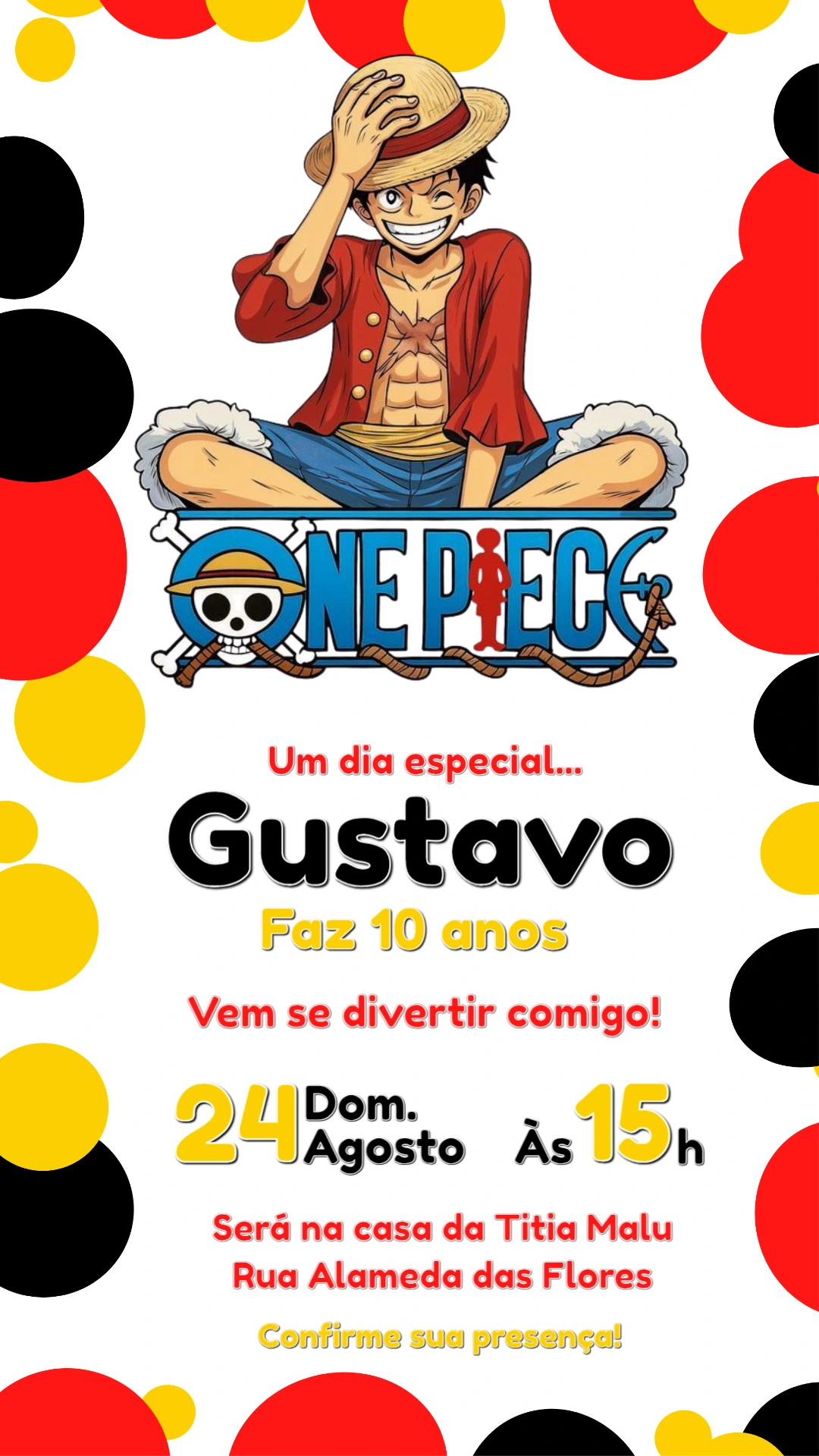 Convite Digital One Piece: Modelo Editável para Festa Infantil