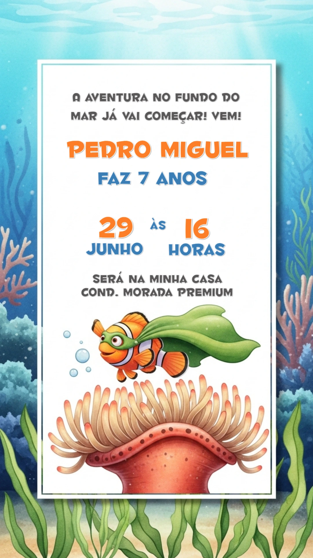 Convite Aniversário Fundo do Mar com Peixinho para Editar Online