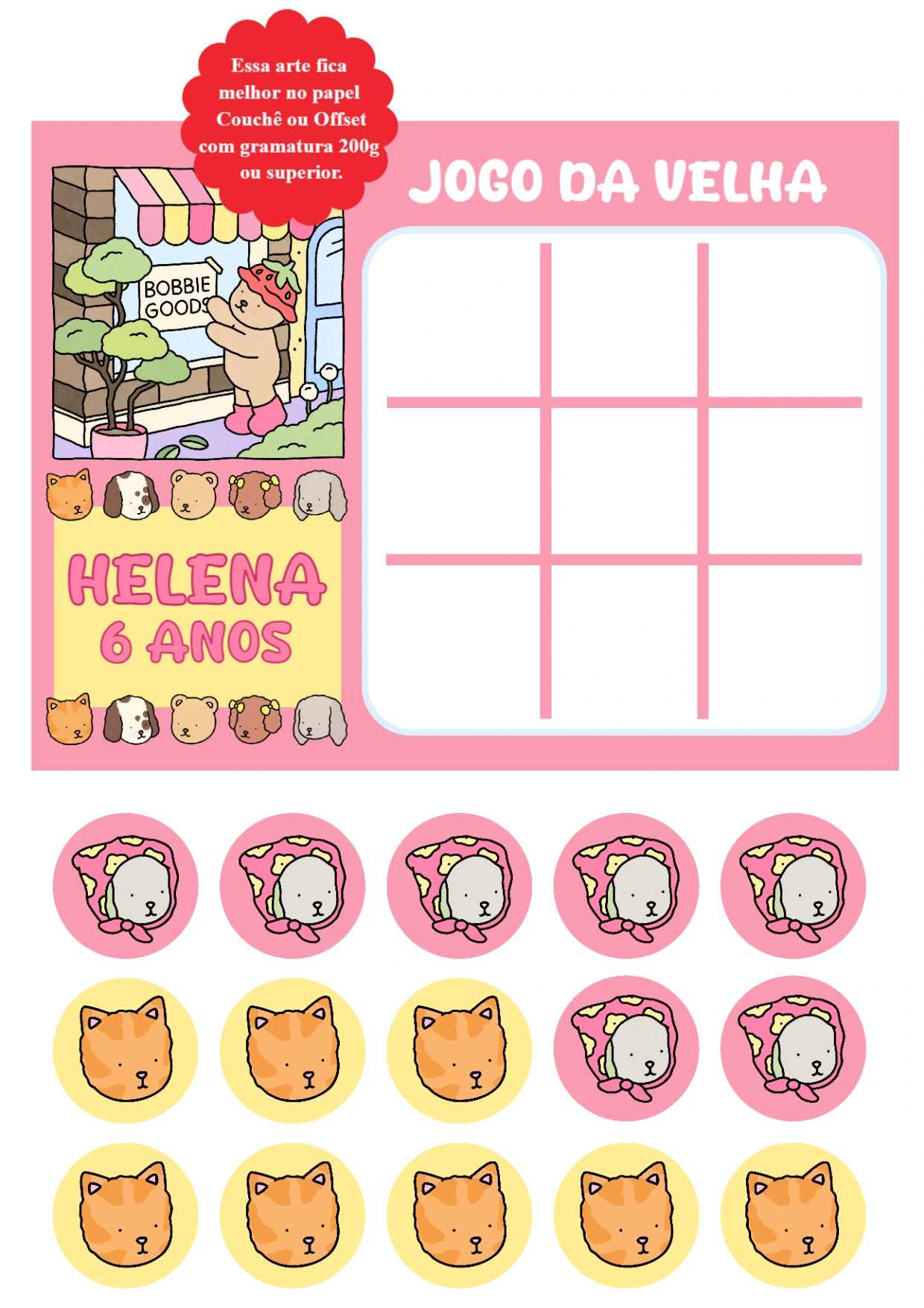 Jogo da Velha Aniversário com Bichinhos Fofos para Editar