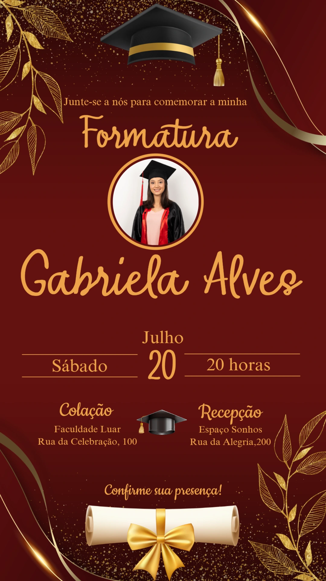 Convite de Formatura Dourado com Foto para Editar Online