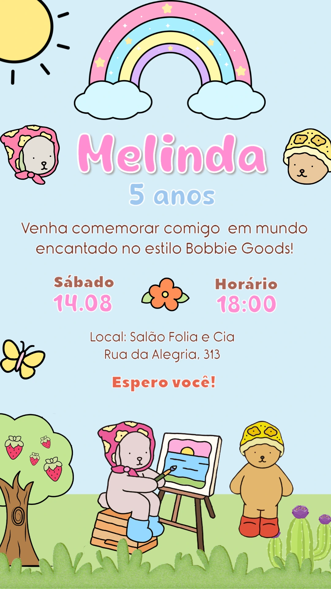 Convite Aniversário Bobbie Goods com Ursinhos para Editar Online