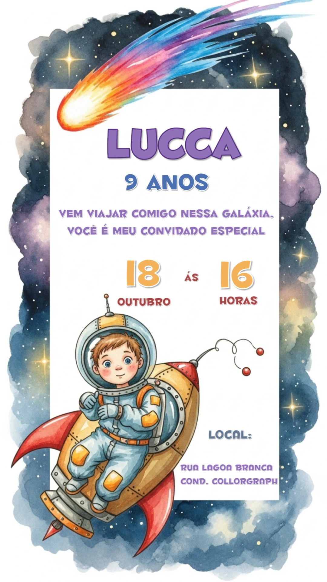 Convite de Aniversário Astronauta no Espaço para Editar Online