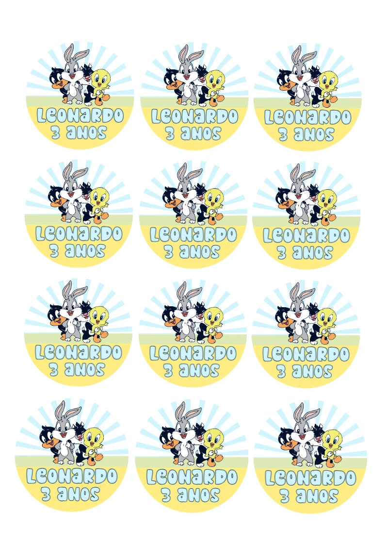 Adesivo Redondo Baby Looney Tunes para Aniversário para Editar