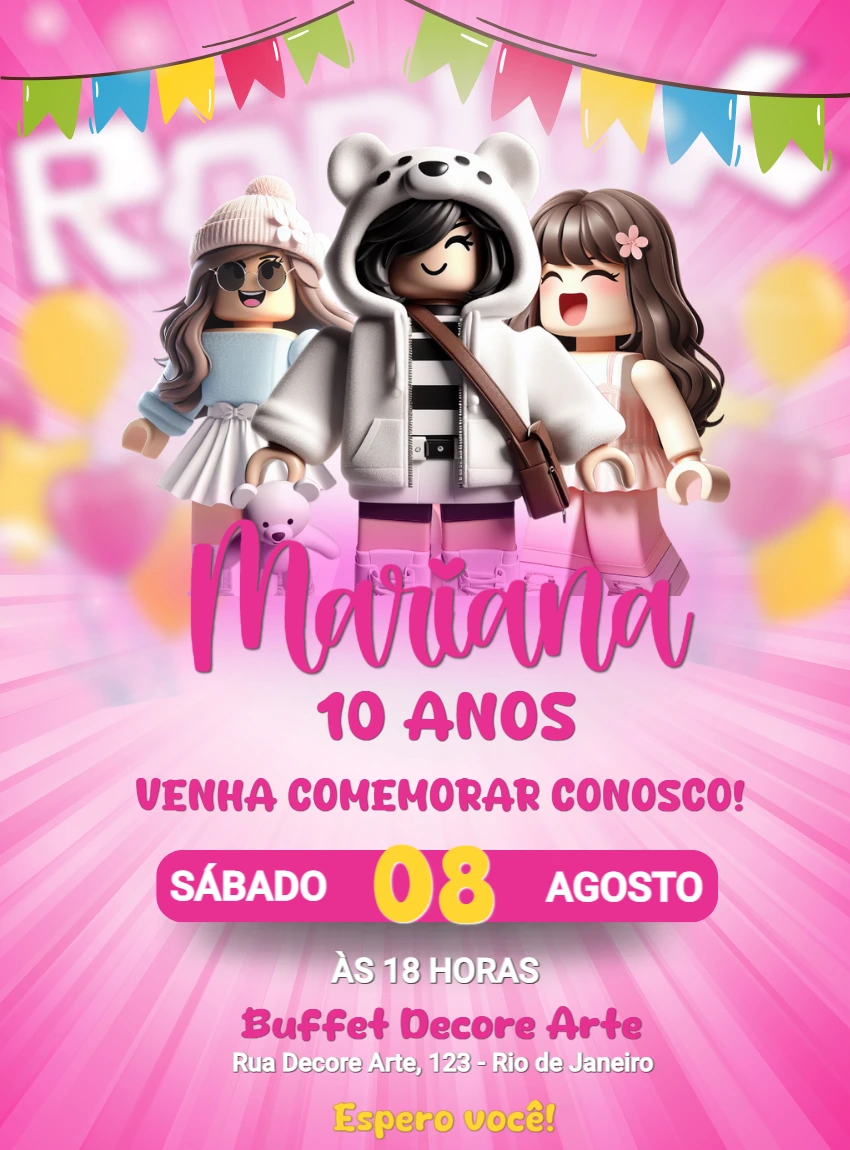 Convite de Aniversário Roblox Rosa para Editar Online