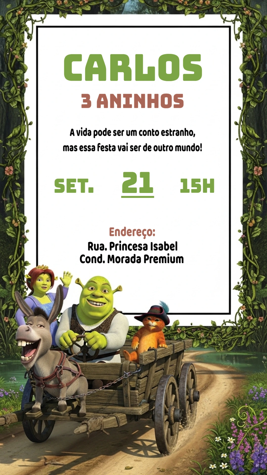 Convite de Aniversário Shrek com Personagens para Editar Online
