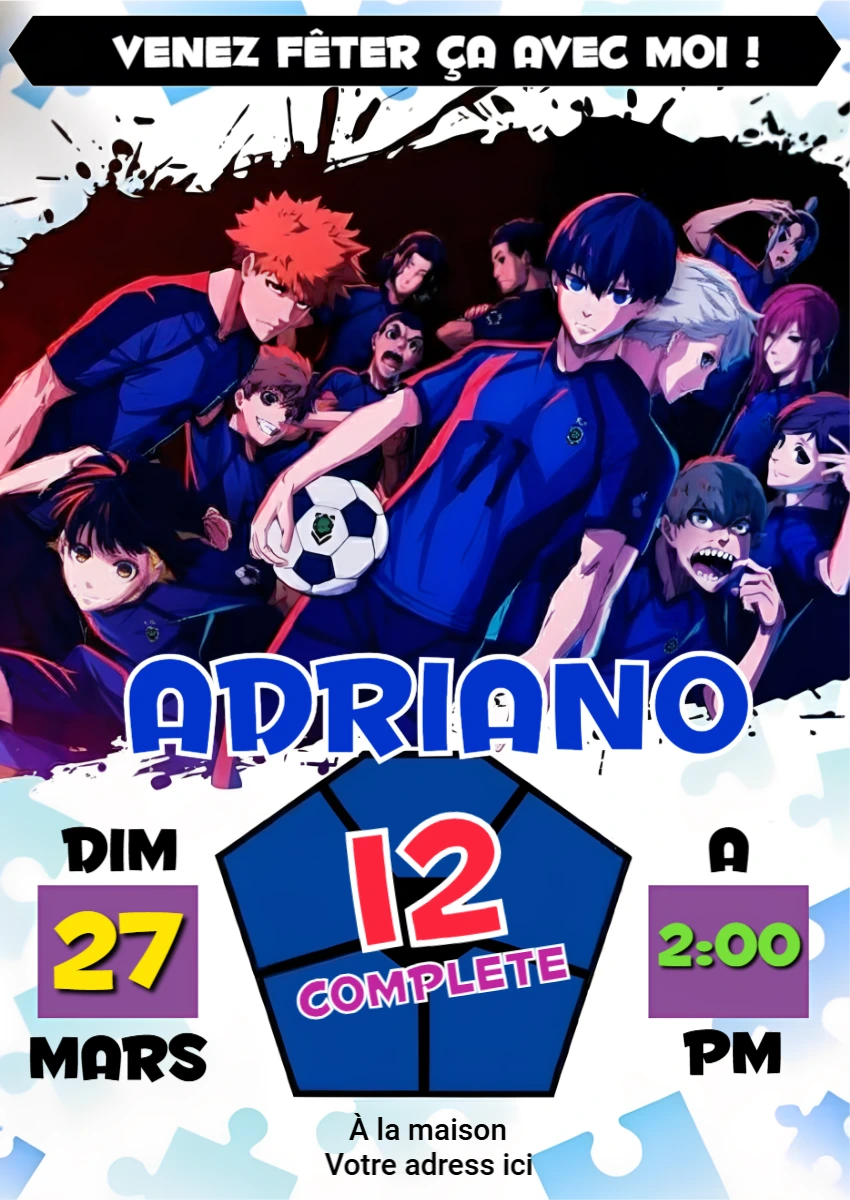 Invitation Anniversaire Blue Lock | Thème Foot Anime à Modifier