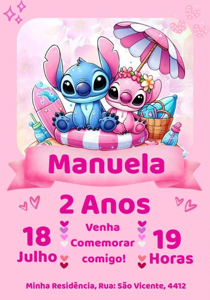 Convite de Aniversário Stitch e Angel Rosa para Editar Online