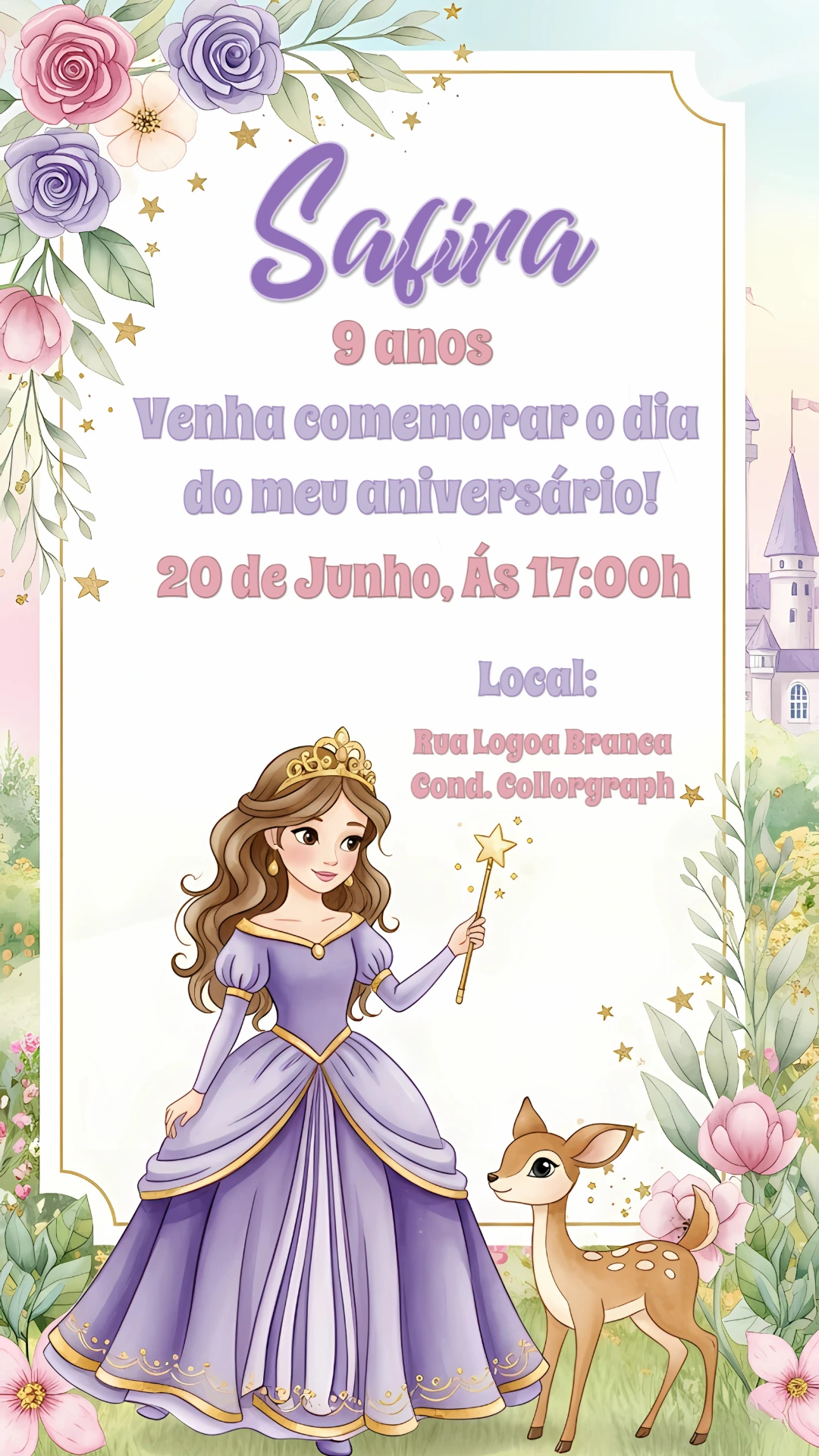 Convite de Aniversário Princesa e Corça para Editar Online