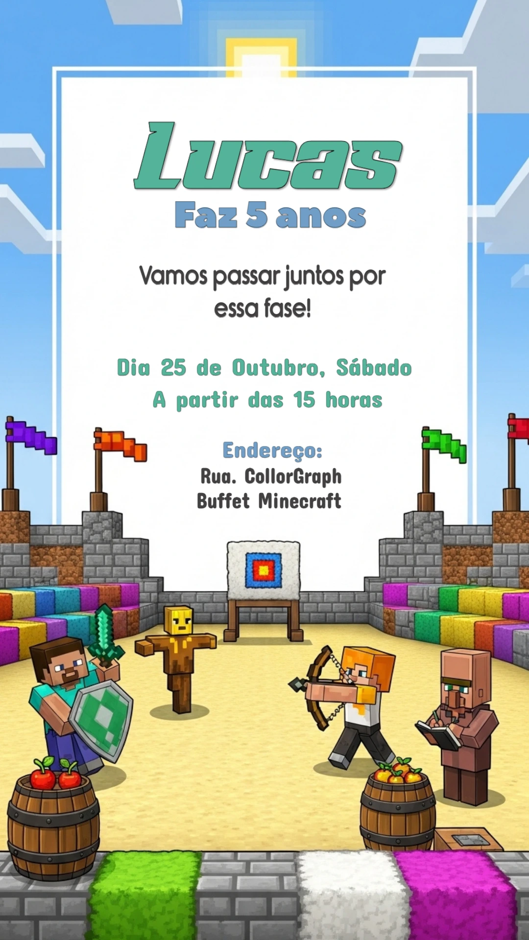 Convite de Aniversário Minecraft com Personagens para Editar