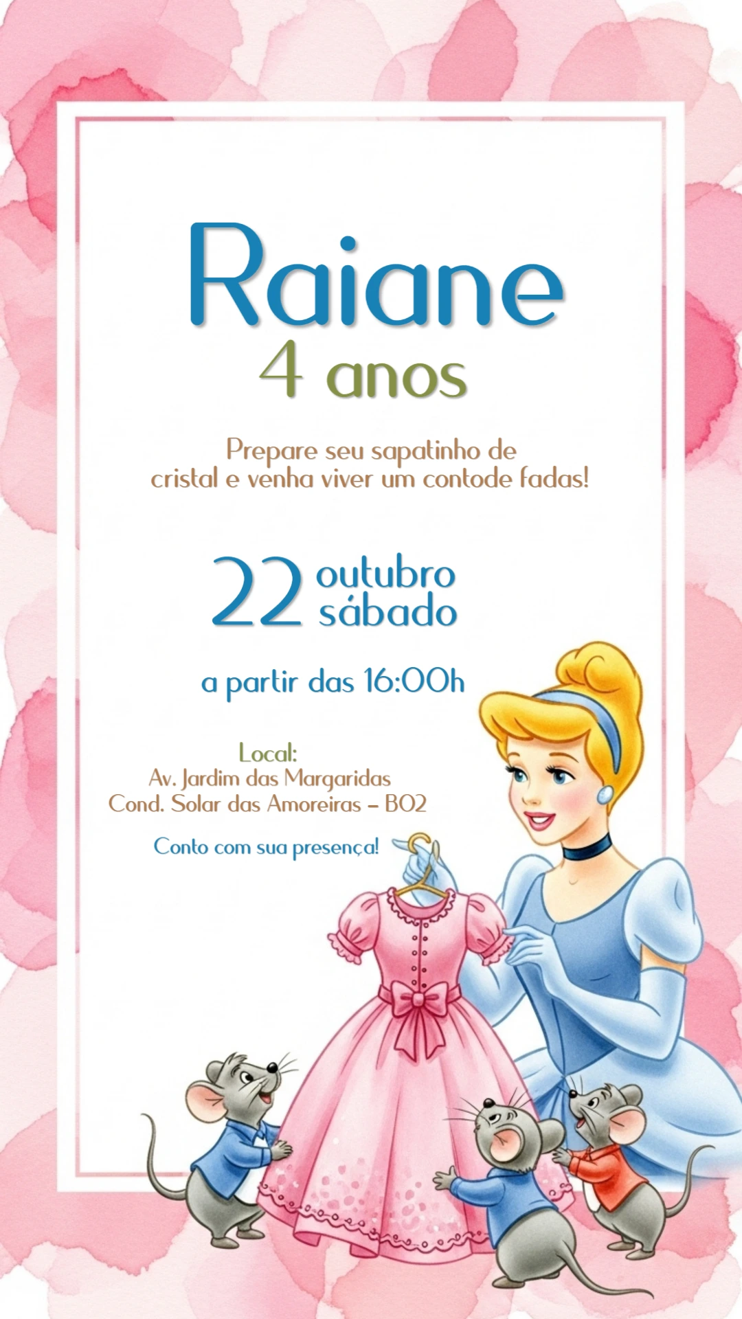 Convite Aniversário Cinderela com Ratinhos para Editar