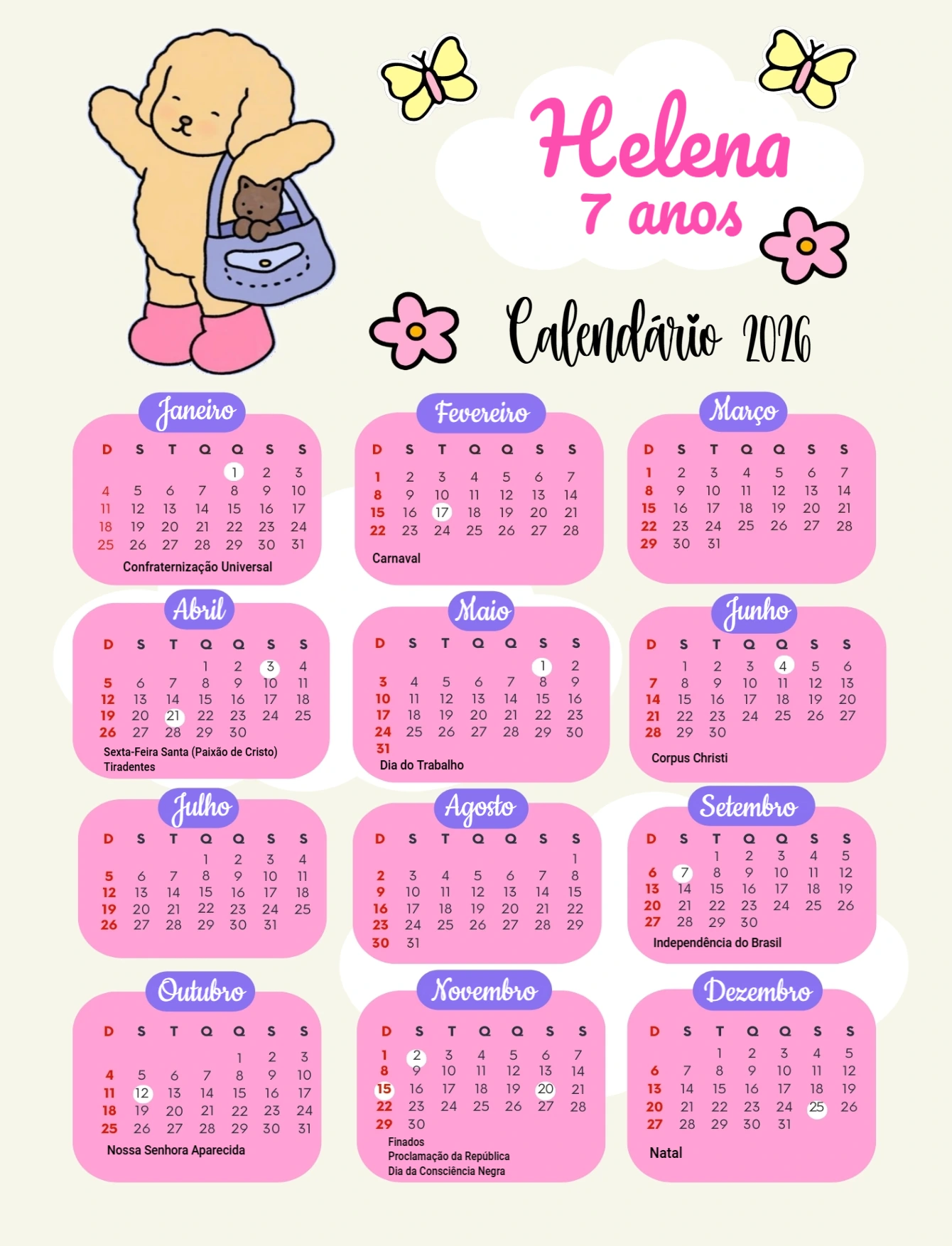 Calendário 2026 Infantil Bobbie Goods para Editar