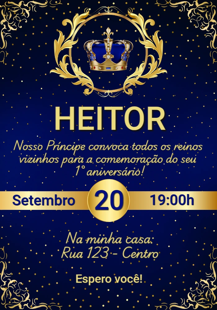Convite Aniversário Príncipe Realeza Azul Editável Online