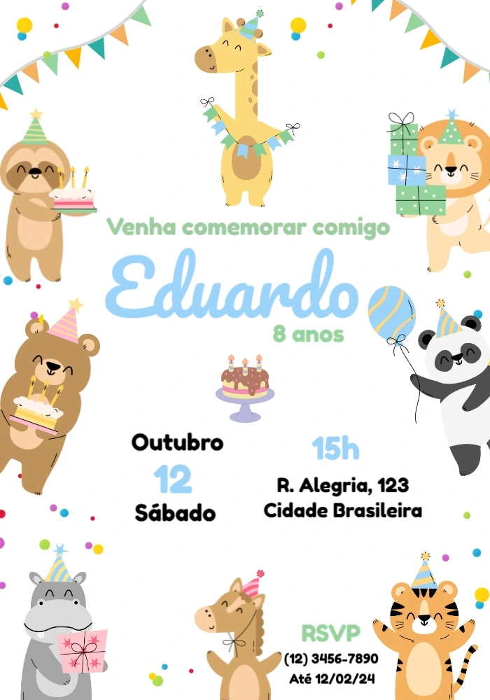 Convite de Aniversário Safari Baby com Animais Fofos Editável