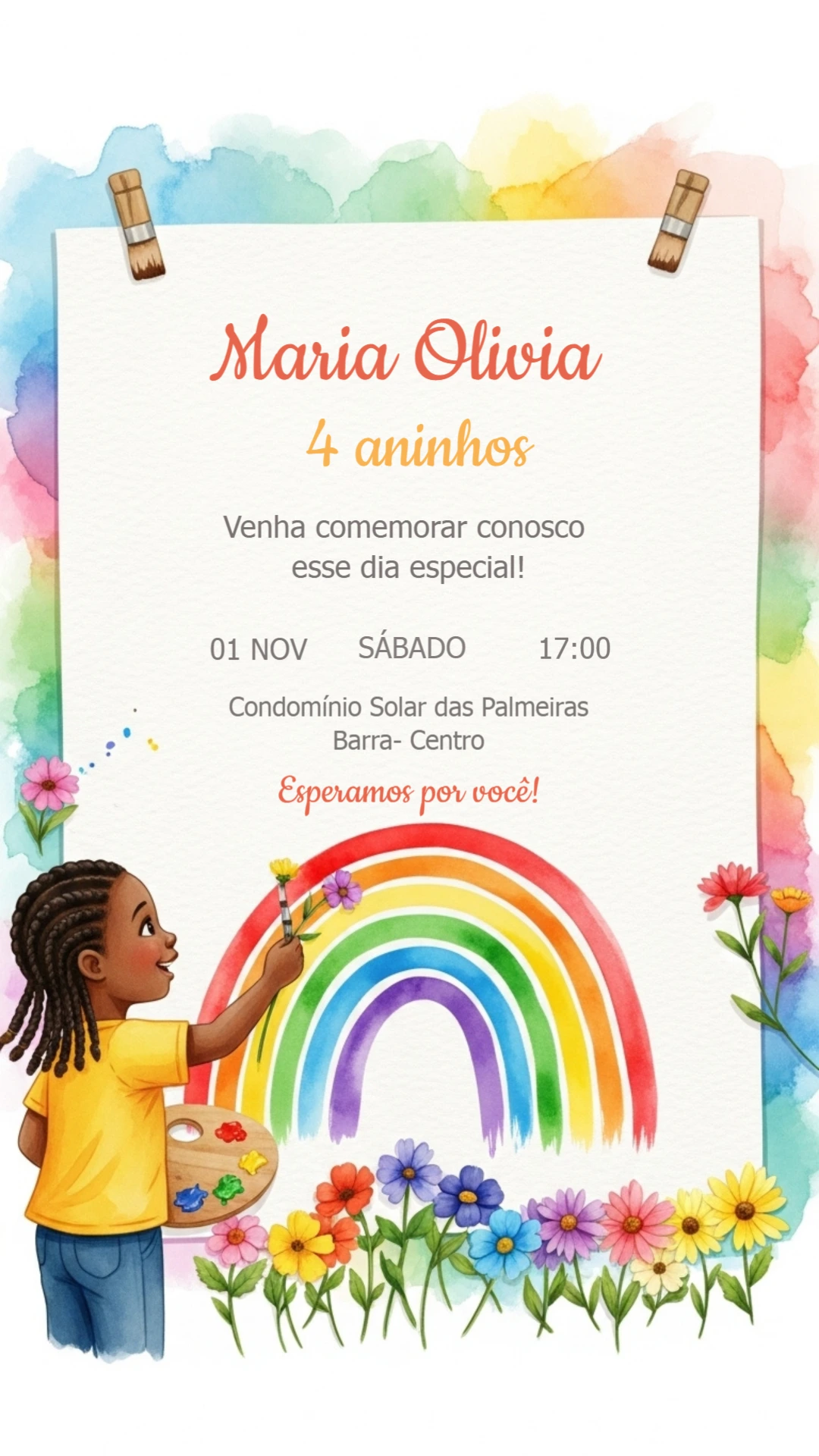Convite Aniversário Arco-íris Aquarela para Editar Online