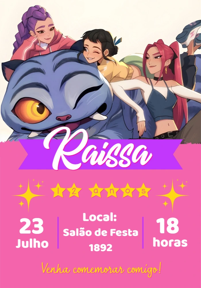 Convite Aniversário K-pop com Guerreiras para Editar Online