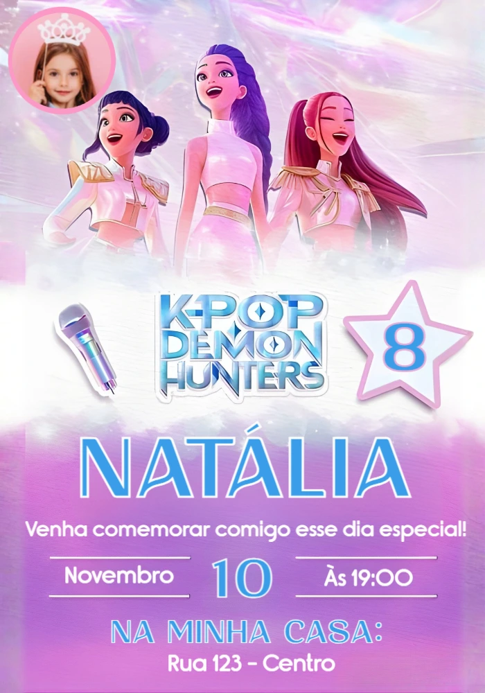 Convite Aniversário Guerreiras do K-Pop Demon Hunters com foto