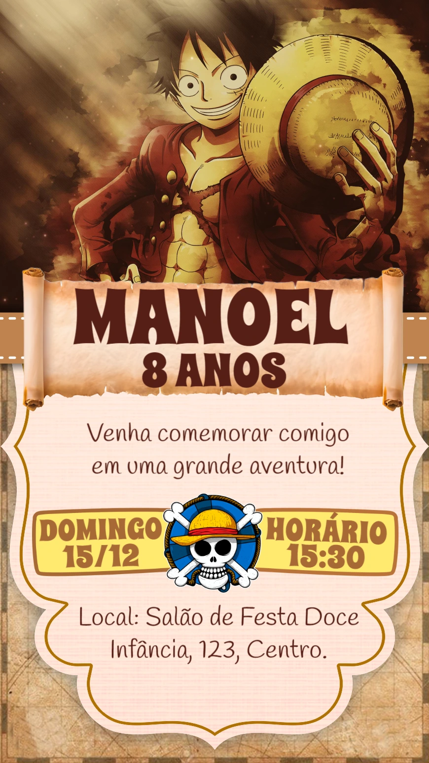Convite de Aniversário One Piece com Luffy para Editar Online
