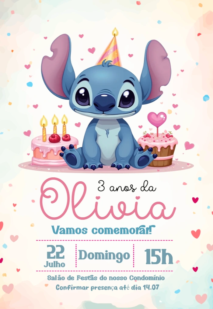 Convite de Aniversário Stitch Fofo para Editar Online