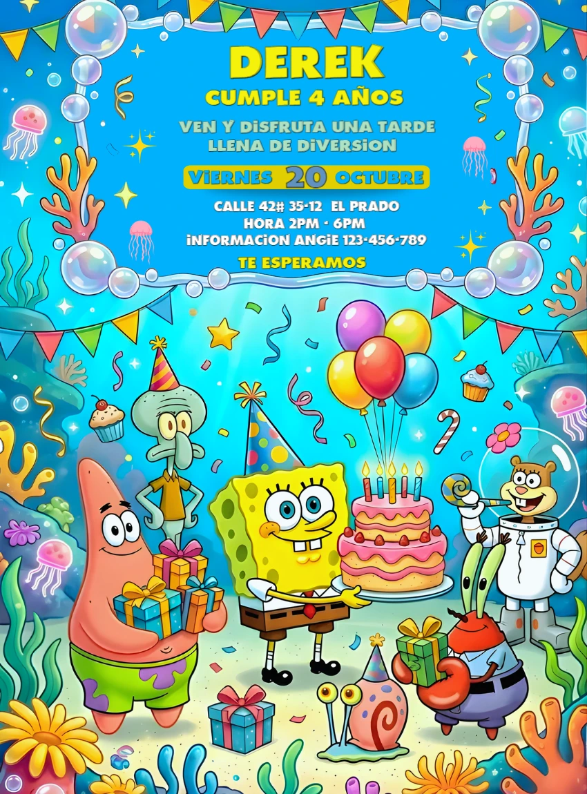 Invitación de Cumpleaños Bob Esponja Modelo Digital Editable