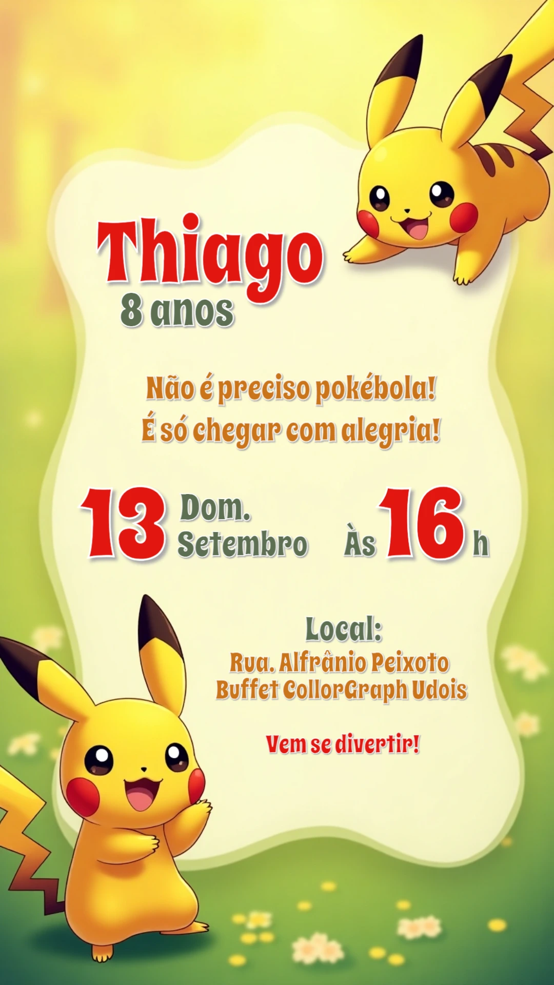 Convite de Aniversário Pokémon Pikachu para Editar Online