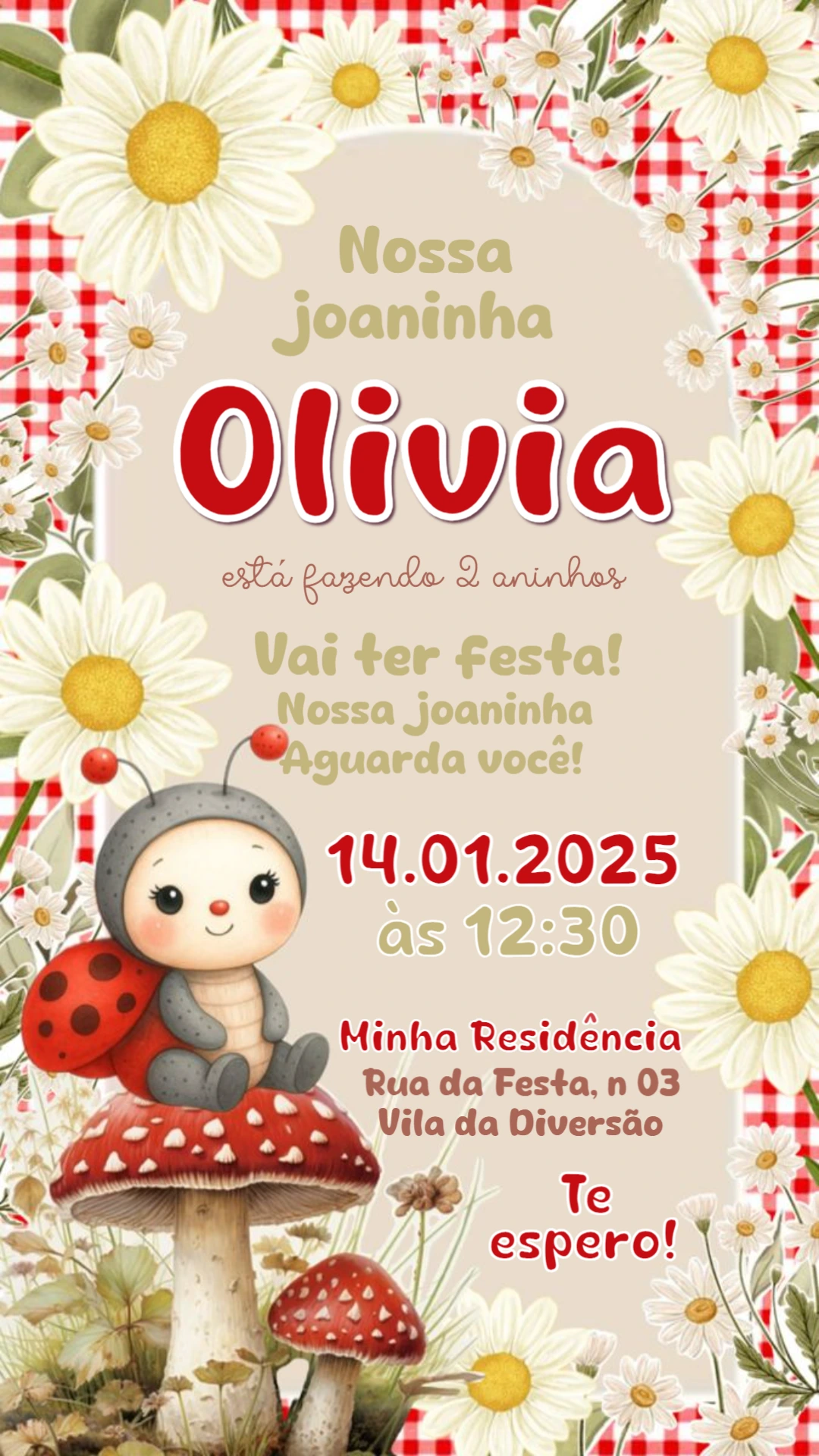 Convite de Aniversário Joaninha no Jardim Editável