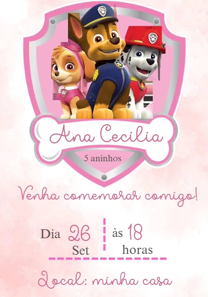 Convite Aniversário Patrulha Canina Menina para Editar Online
