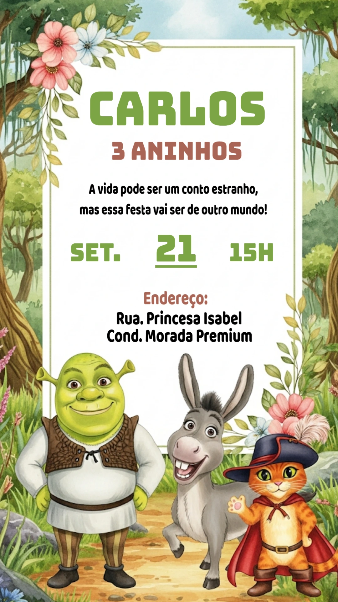 Convite Aniversário Shrek com Personagens para Editar Online