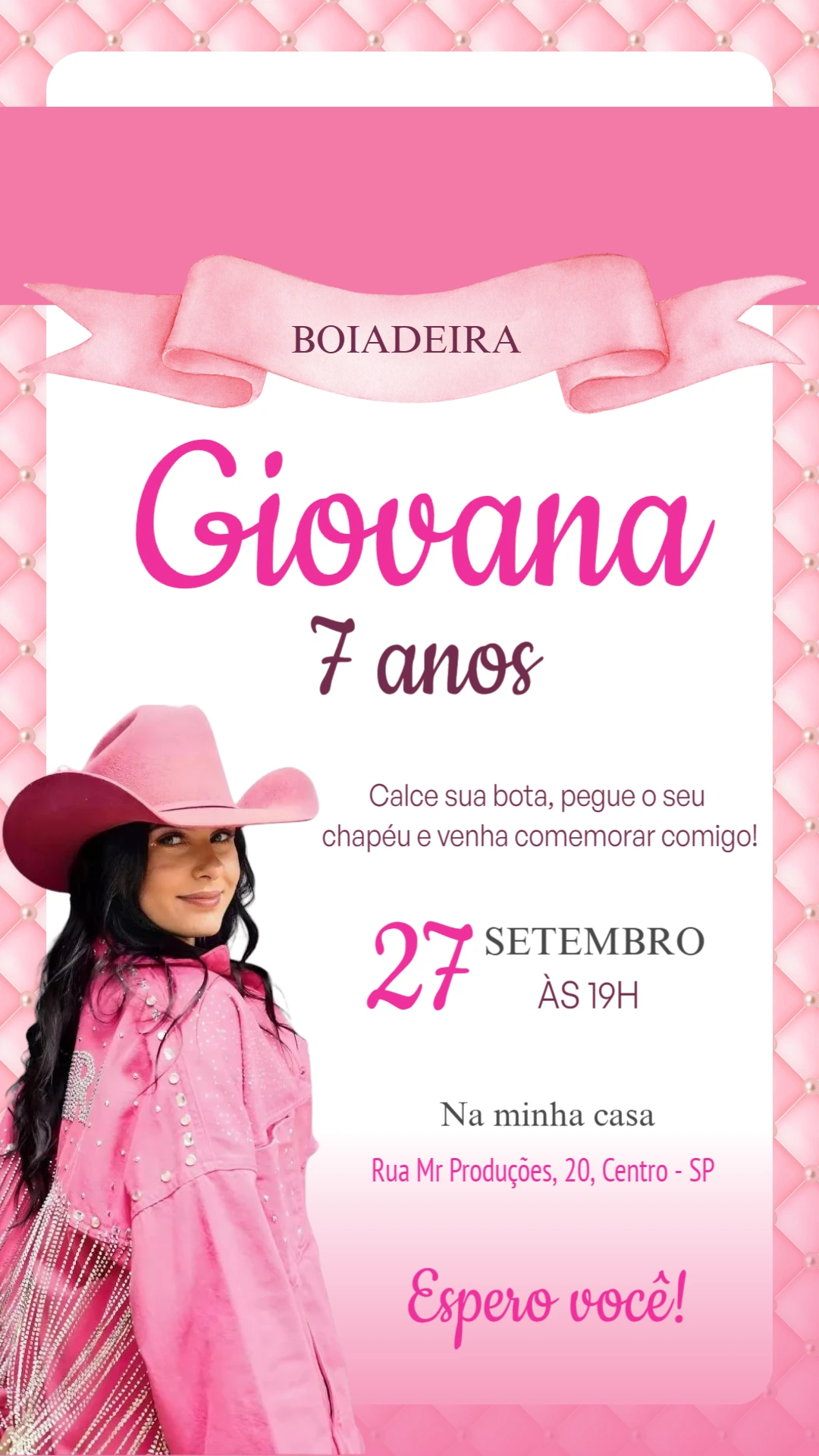 Convite Aniversário Boiadeira Rosa para Editar Online