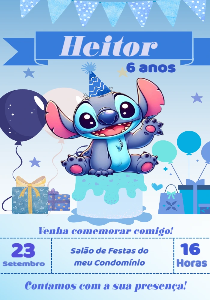 Convite de Aniversário Stitch para Editar e Imprimir