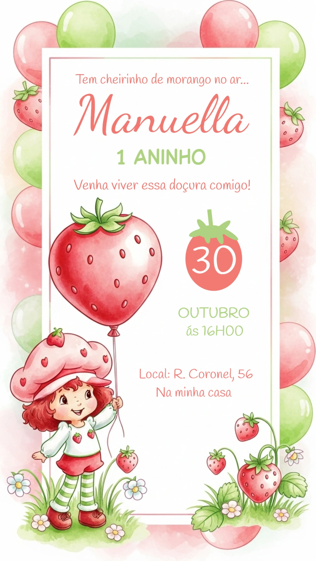 Convite de Aniversário Moranguinho para Editar Online