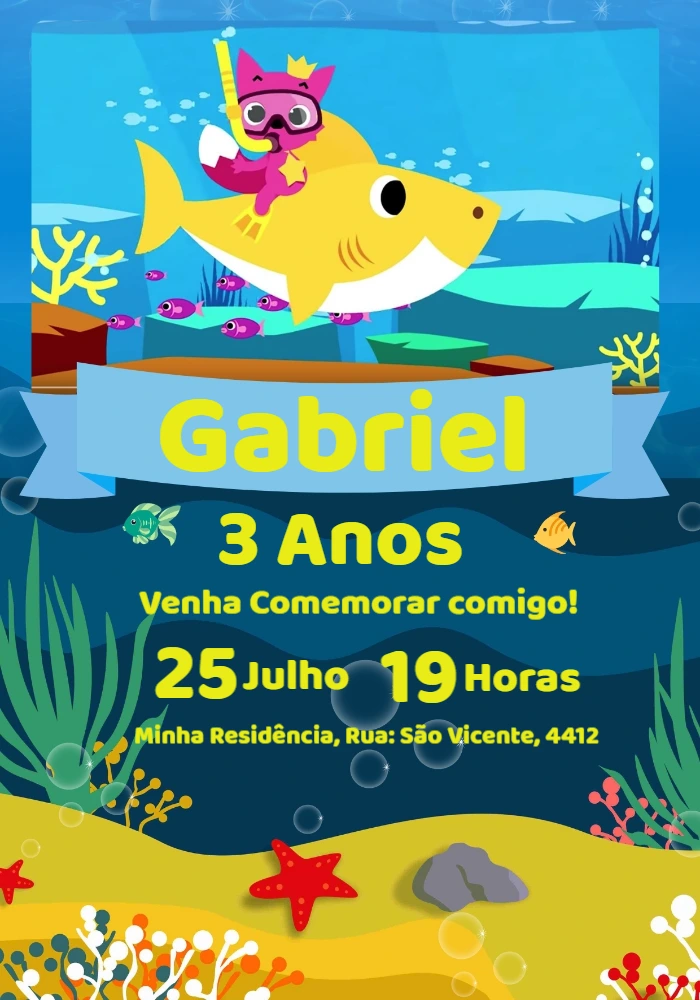 Convite de Aniversário Baby Shark com Personagens para Editar Online