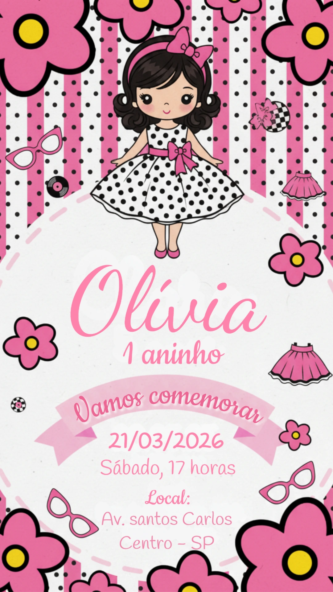 Convite de Aniversário Infantil Anos 60 Editável Digital