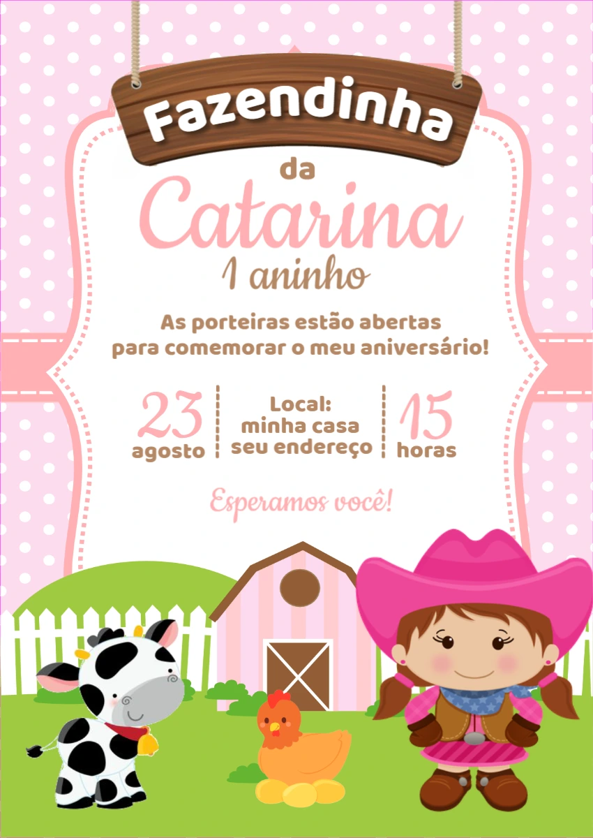 Convite Aniversário Fazendinha Menina para Editar Online