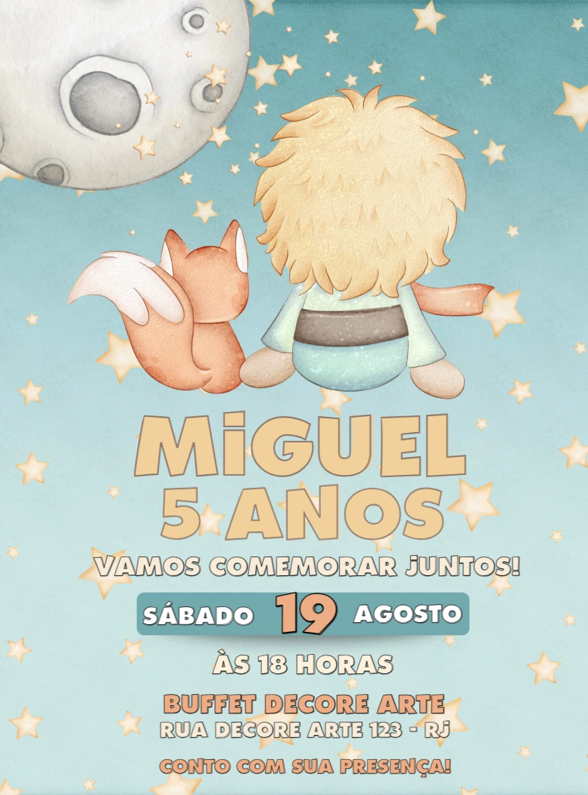 Convite Aniversário Pequeno Príncipe Aquarela para Editar Online