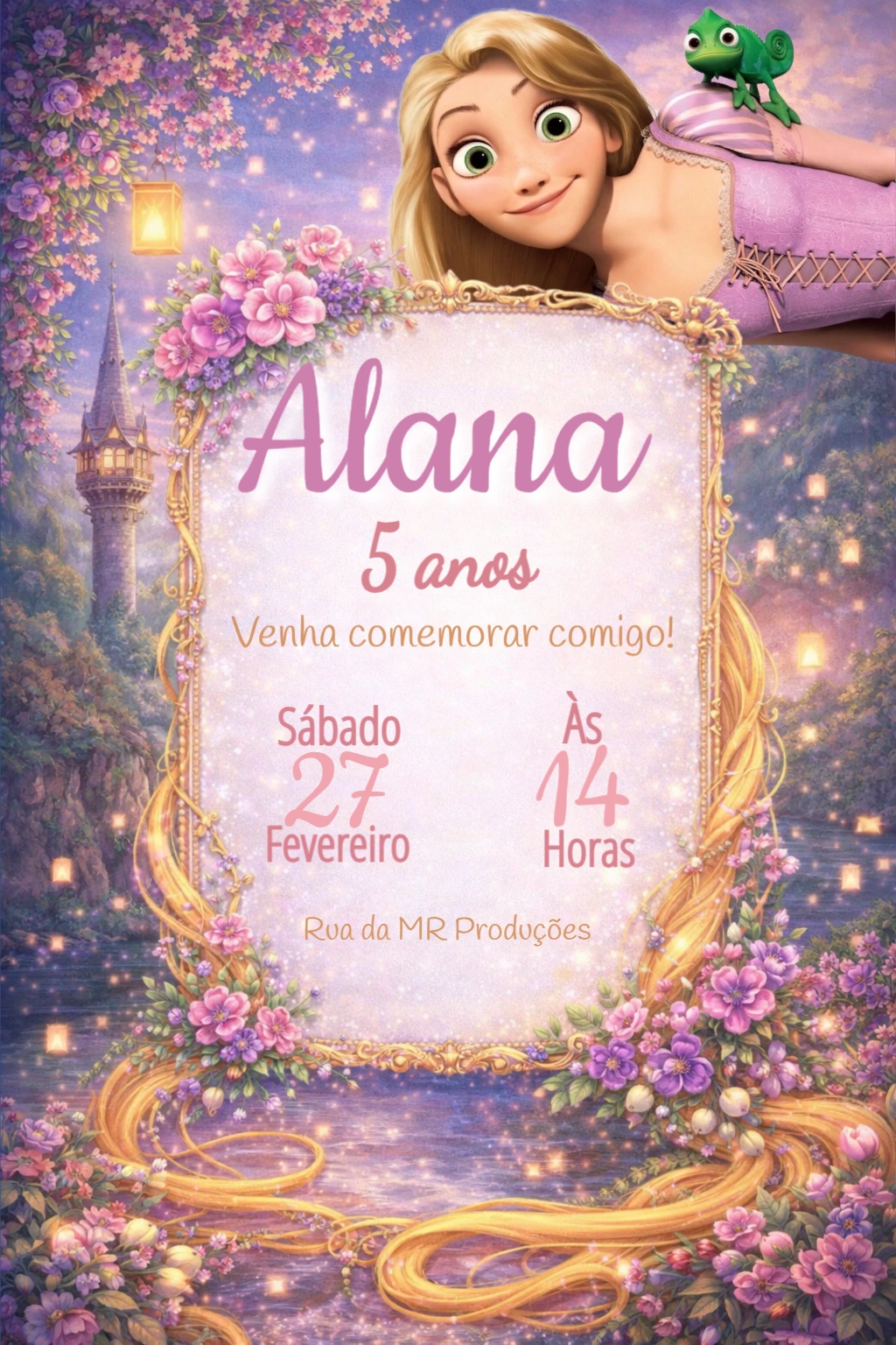 Convite de Aniversário Rapunzel Mágico para Editar Online