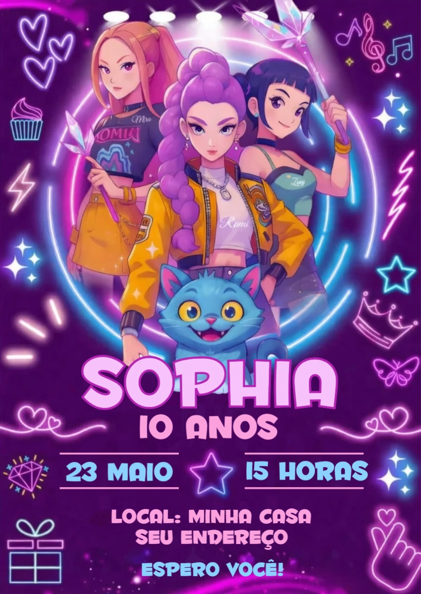 Convite de Aniversário Estilo Guerreiras do K-pop Anime