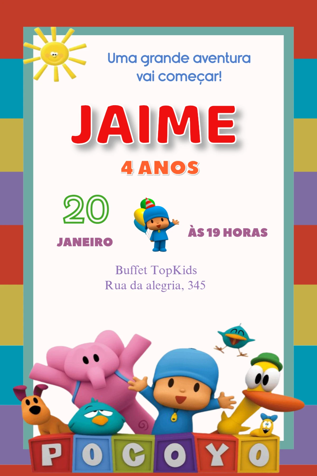 Convite de Aniversário Pocoyo Colorido para Editar Online