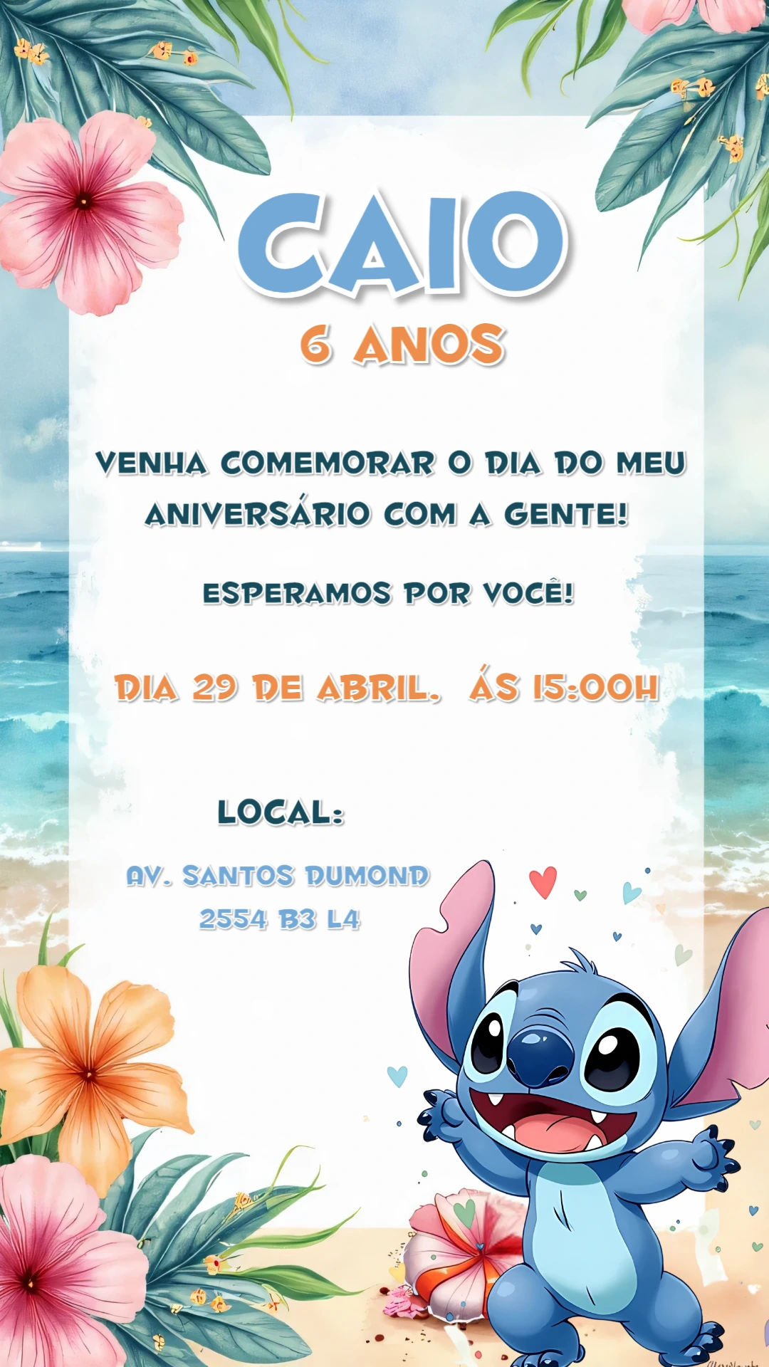Convite de Aniversário Stitch Tropical para Editar Online