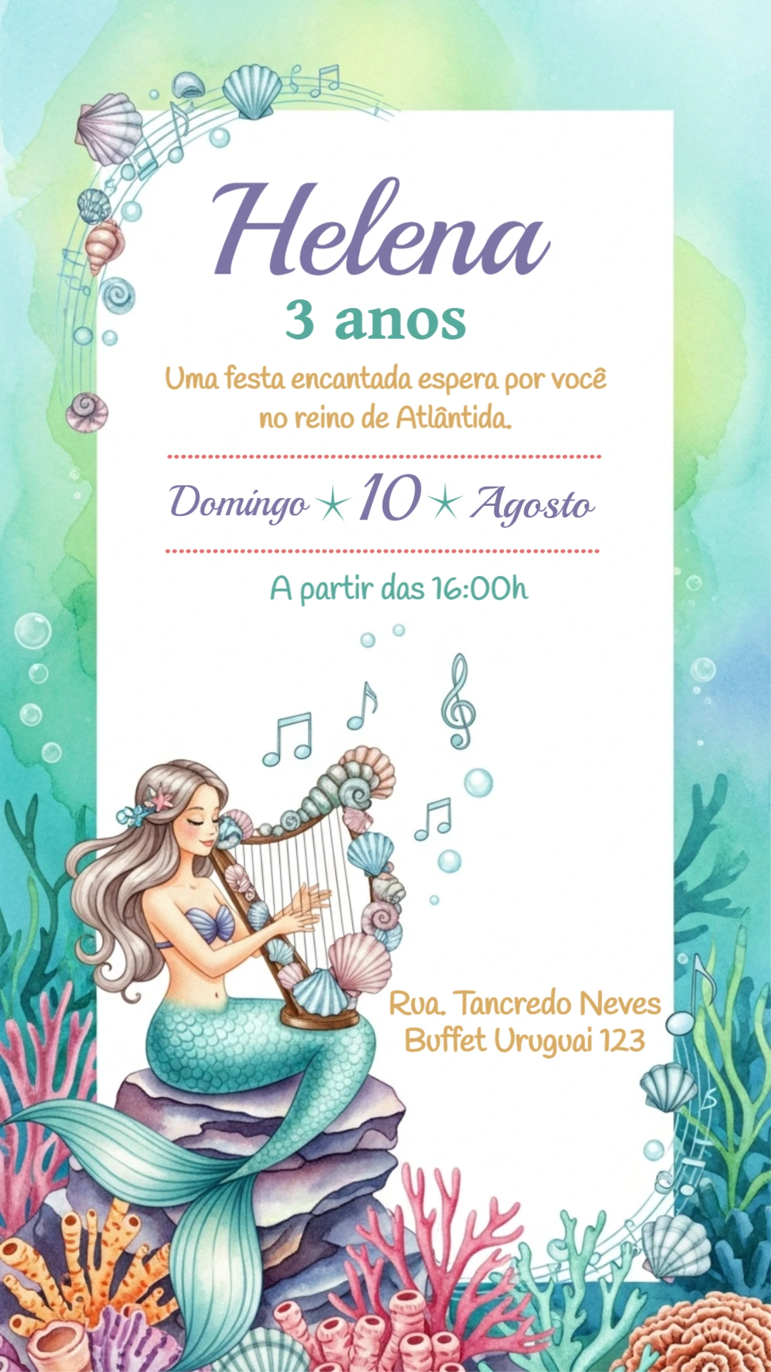 Convite Aniversário Sereia Fundo do Mar para Editar Online