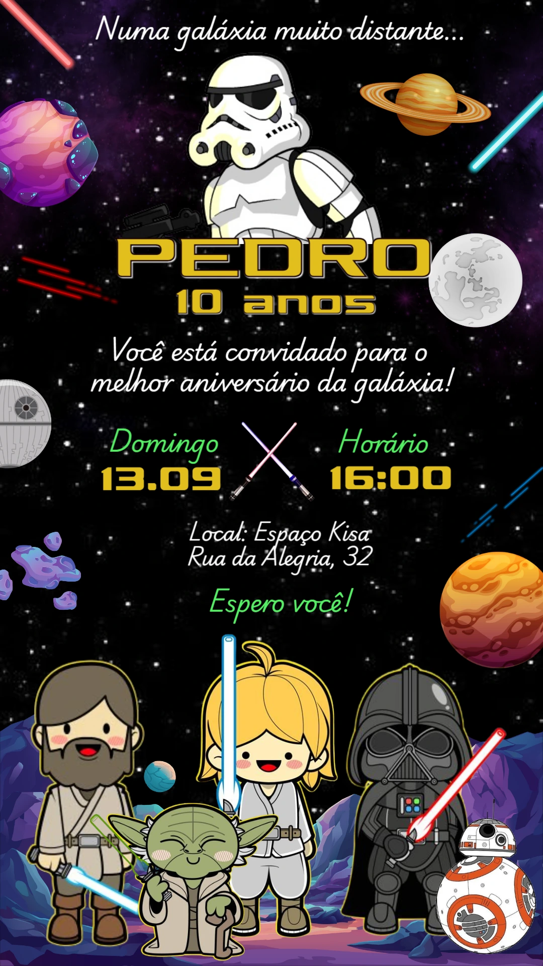 Convite Aniversário Star Wars com Personagens para Editar