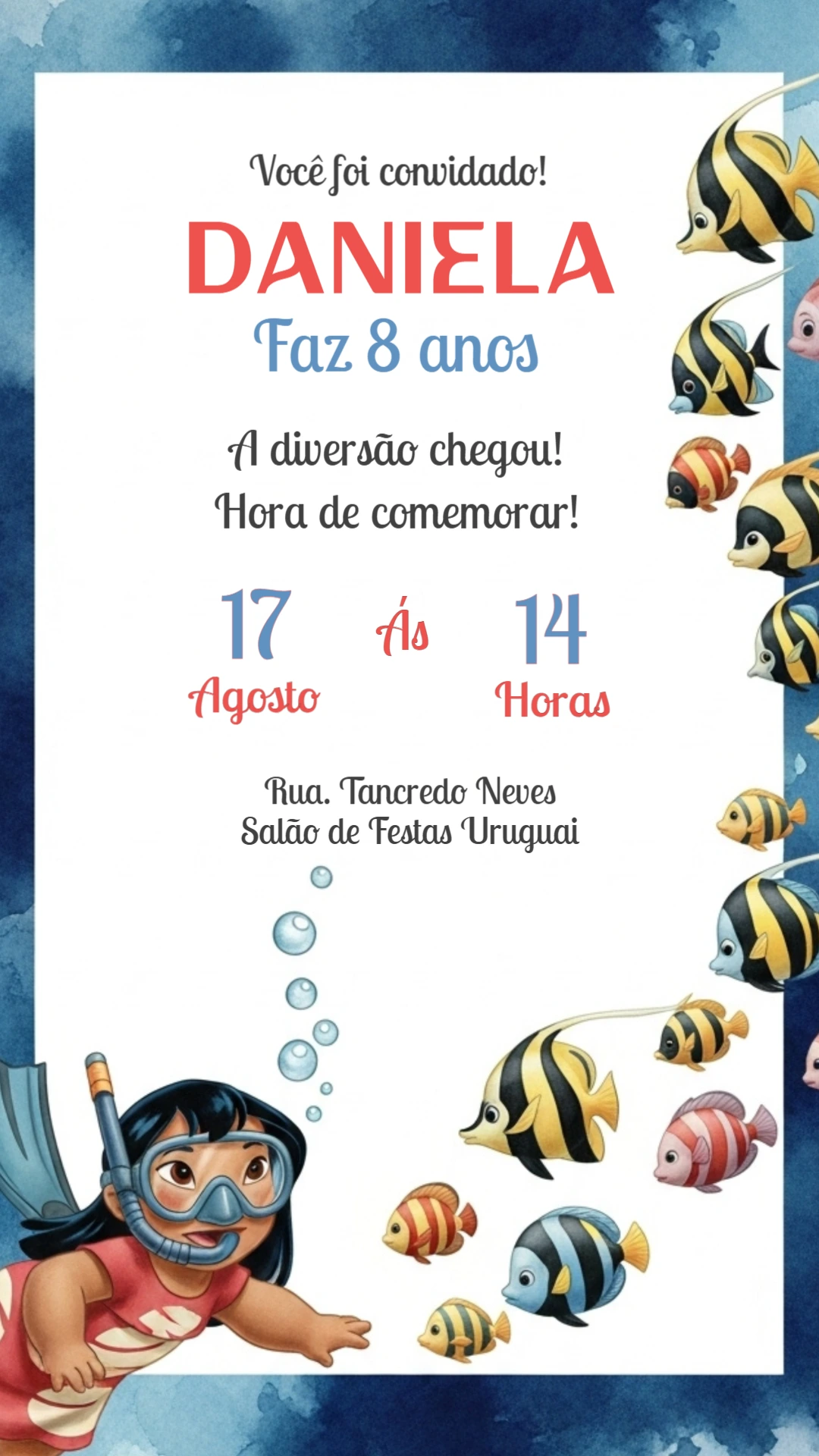 Convite Aniversário Lilo & Stitch Fundo do Mar para Editar
