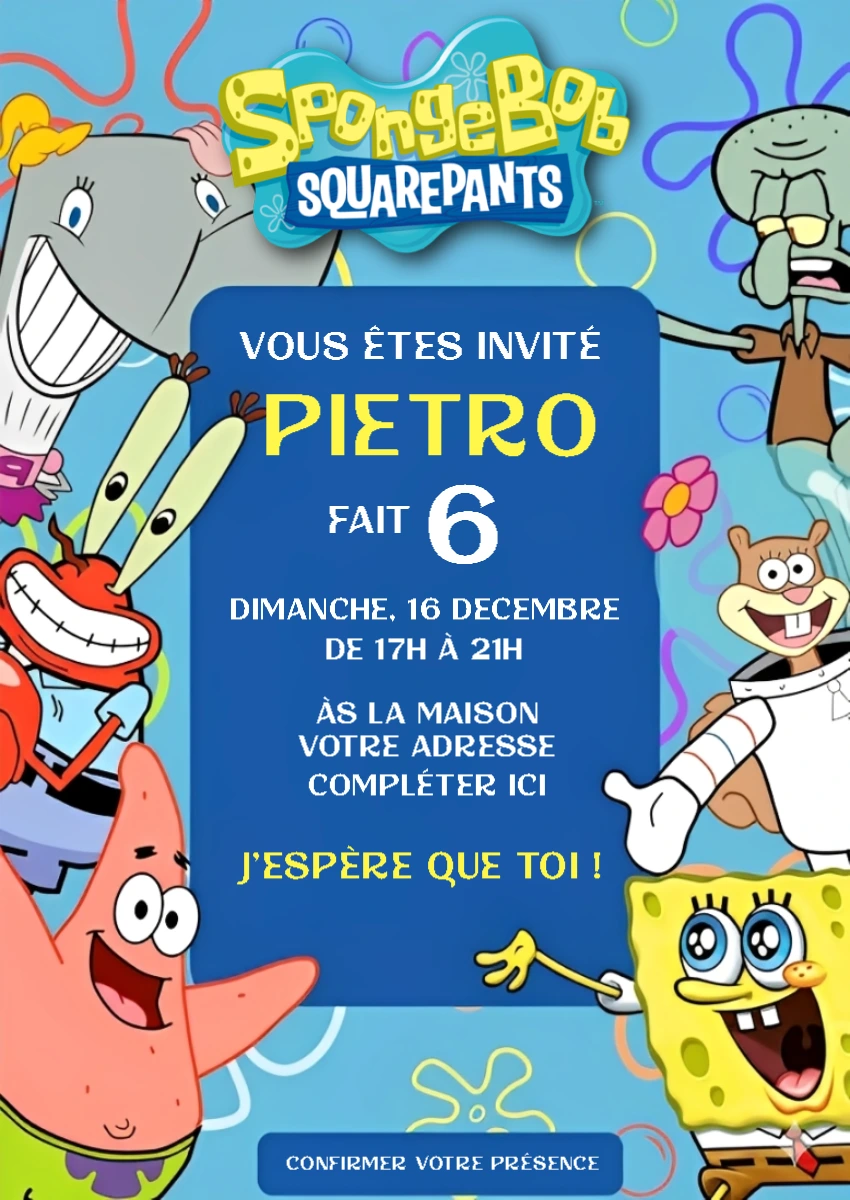 Invitation Anniversaire Bob l'éponge à Modifier en Ligne