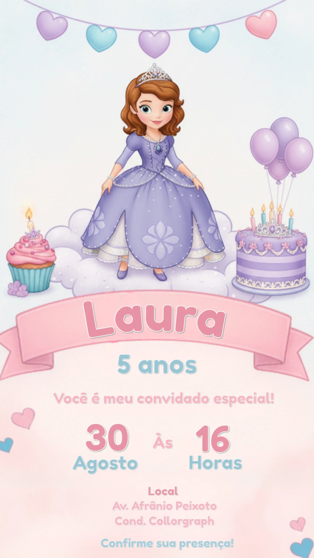 Convite Digital Princesa Sofia Aniversário Infantil Editável