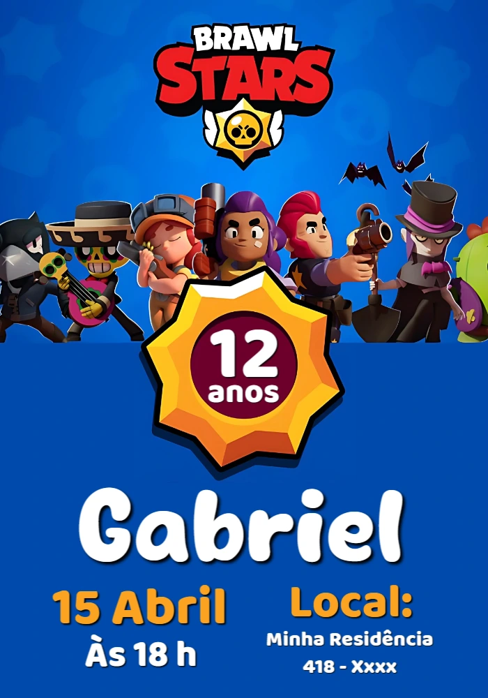Convite Aniversário Brawl Stars com Brawlers para Editar Online